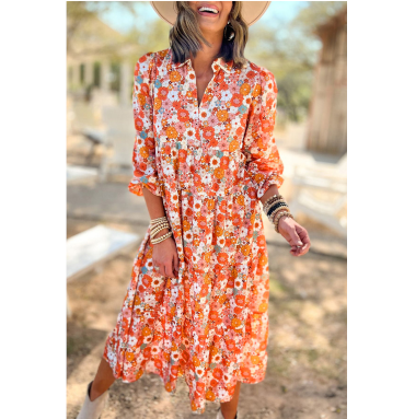 Orange Boho Floral Ruffled Dress