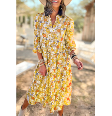 Yellow Boho Floral Ruffled Dress